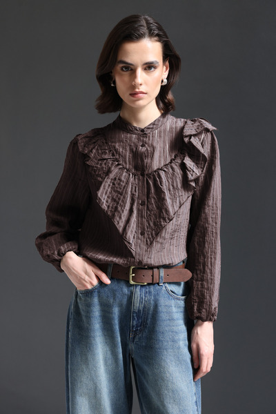 Mixray 4828 Γυναικείο πουκάμισο με γιακά Ριγέ Λεπτομέρεια με βολάν Καφέ