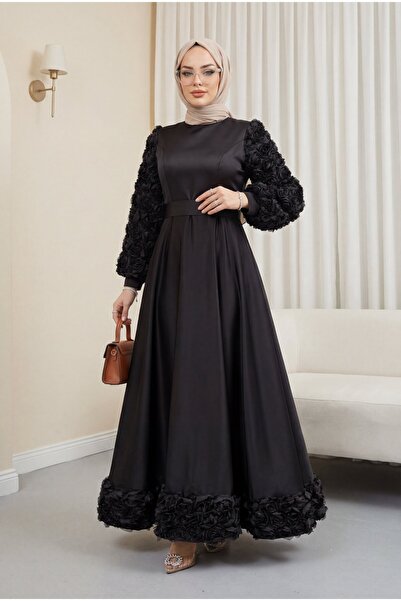 Modamorfo Σατέν βραδινό φόρεμα με ροζ λεπτομέρεια στη φούστα και μανίκια - μαύρο