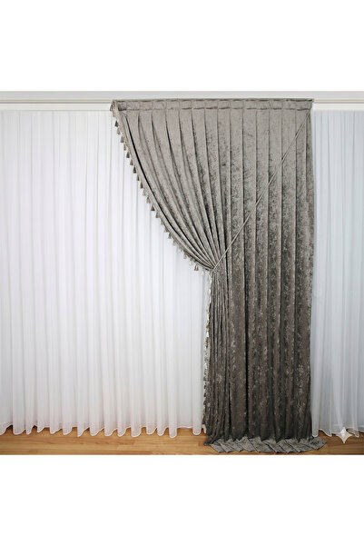 MebelPort Curtain Κουρτίνα σενίλ Φόντο ΔΙΠΛΟ ΦΟΥΝΤΟ με φούντες στην άκρη (δεξ...