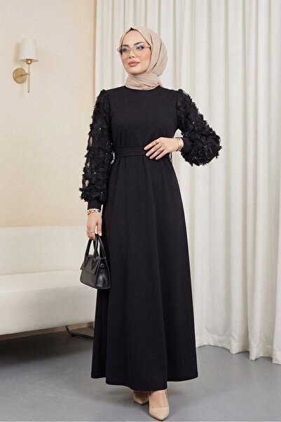 Modamorfo Ανάγλυφο φλοράλ φόρεμα από τούλι με μανίκια και ζώνη - μαύρο