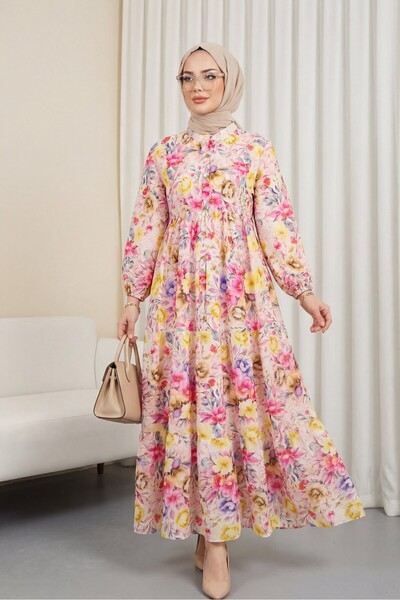 Modamorfo Μικτό φλοράλ φόρεμα με στάμπα και μισά κουμπιά - κίτρινο