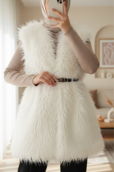 Modamorfo Γιλέκο με ζώνη, πλαϊνές τσέπες και γούνινη επένδυση - λευκό