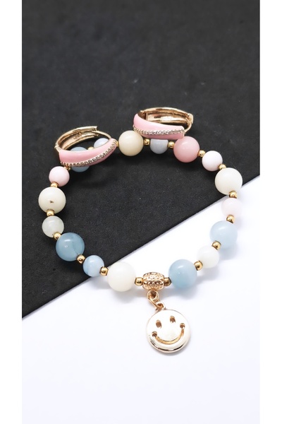Serenity Smiling Face Figured Colorful Stone Bracelet Earrings