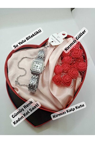 QUARTZ GÜMÜŞ Kare Kasa Roma Rakamlı Vintage Kadın Kol Saati - KALP KUTU- KIRM...