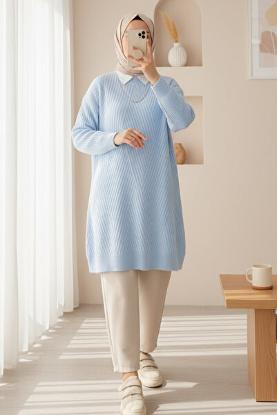 Modamorfo Πλεκτό πουλόβερ με σχέδιο μπακλαβά με λαιμόκοψη ποδηλάτου - Μπλε μωρού