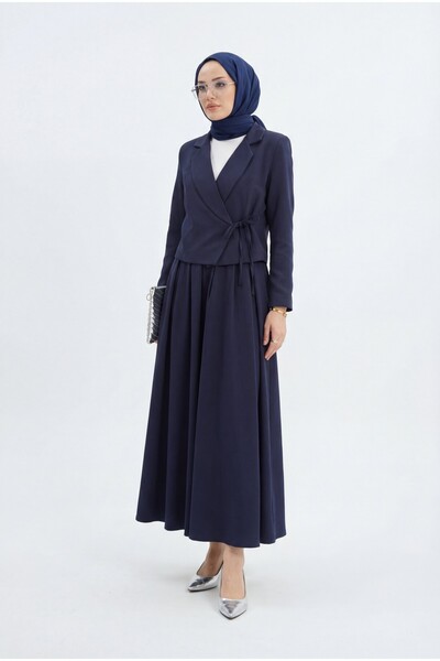 Modamorfo Tied Front Skirt Jacket Double Set - Navy