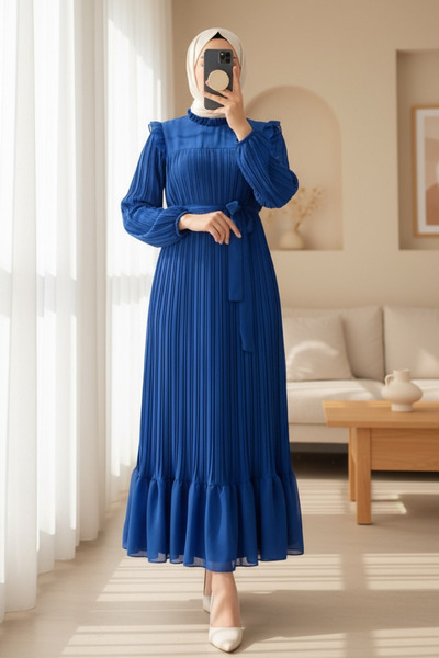 Modamorfo Φόρεμα με ρόμπα μπροστά, μανίκια και πλισέ στο σώμα - μπλε