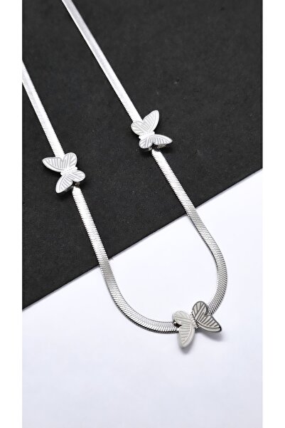 Serenity Butterfly Figured Plain Mesh Chain Steel Necklace