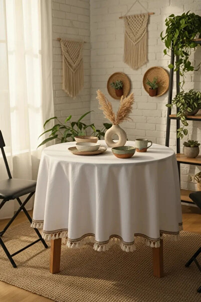 NDC HOME Στρογγυλό τραπεζομάντιλο λευκό λινό ριγέ πομπόν