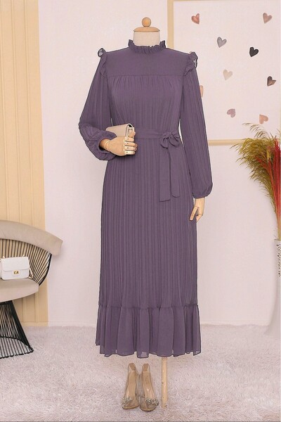 Modamorfo Φόρεμα με ρόμπα μπροστά, πτυχωτά μανίκια και πλισέ σώμα - λιλά