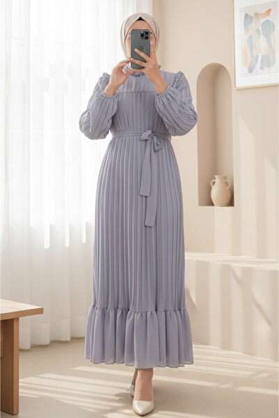 Modamorfo Φόρεμα με ρόμπα μπροστά, μανίκια και πλισέ στο σώμα - γκρι