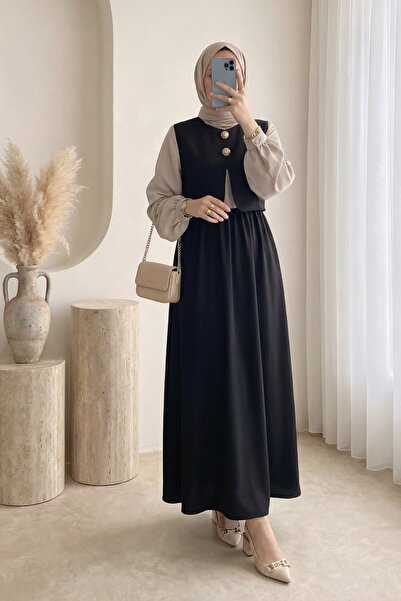 Modamorfo Ελαστική μέση, με μισά κουμπιά, Σετ Φόρεμα-Γιλέκο Zra Cupra - μαύρο