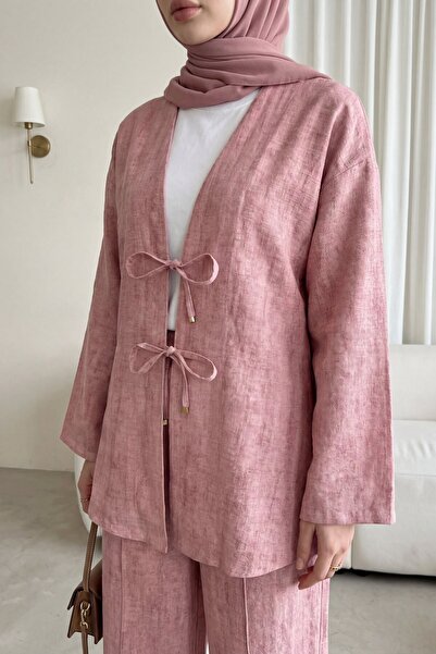 Modamorfo Λινό Σετ Κιμονό με Παντελόνι που δένει στο μπροστινό μέρος - σε σκόνη