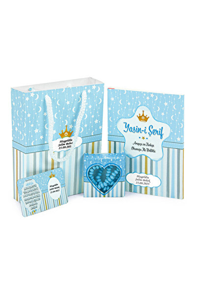 20 Gift 4-Piece Mevlüt Set - Name Labeled - Bag, Rosary, Magnet, Book of Yasin - Blue