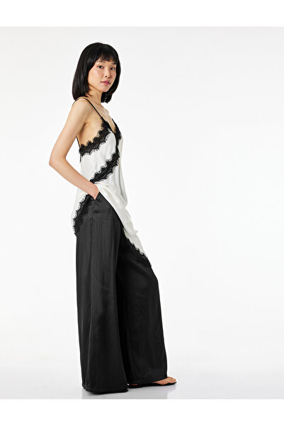Koton Pleated Satin Wide-Leg Pants with Pocket Detail