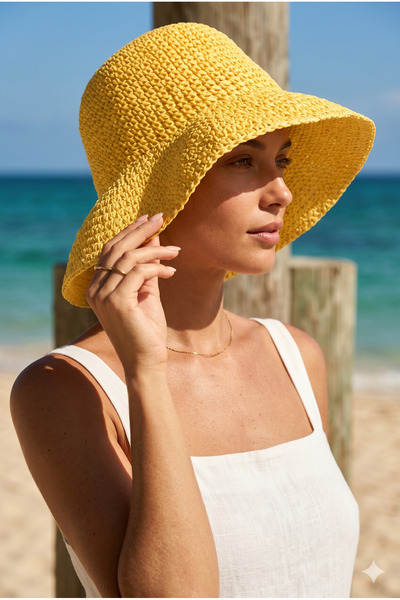 Luminos Butik Ψάθινο κίτρινο καπέλο - Πλεκτό εισαγόμενο, Μοντέλο Hsr2083