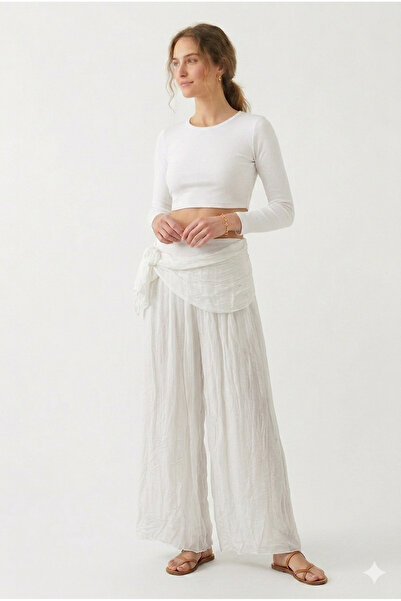 della moor Women's White Italian Elastic Waist Silk Belted Wide Leg Lined Sil...