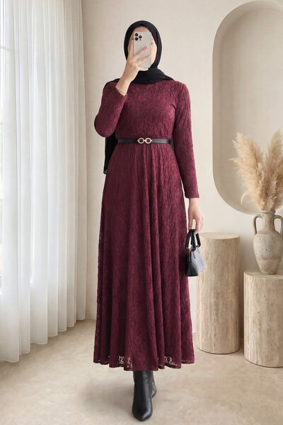 Modamorfo Belted Lined Guipure Lace Dress - Burgundy