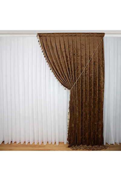 MebelPort Curtain Κουρτίνα σενίλ Φόντο ΔΙΠΛΟ ΦΟΥΝΤΟ με φούντες στην άκρη (δεξ...
