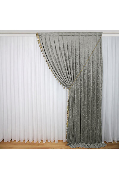 MebelPort Curtain Κουρτίνα σενίλ Φόντο ΔΙΠΛΟ ΦΟΥΝΤΟ με φούντες στην άκρη (δεξ...