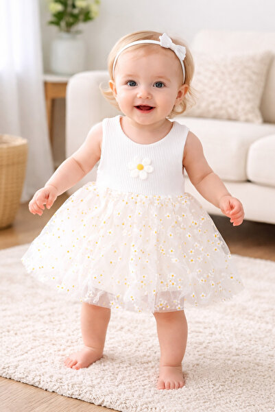 Daisy Detailed Zigzag Tulle Snapsuit Baby Bodysuit Dress (100% Cotton)