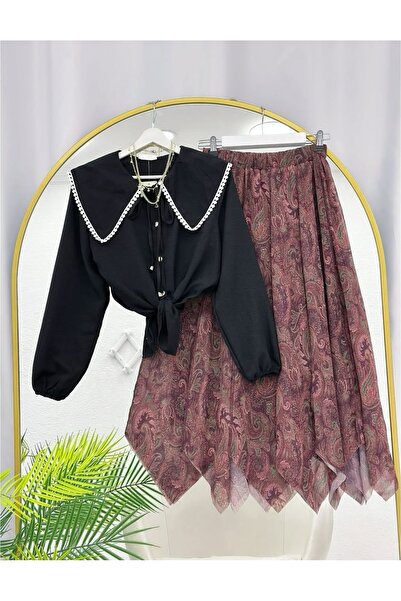 MODA VEDAT Γυναικείο πουκάμισο με γιακά φιόγκο - Σετ με ασύμμετρη φούστα με σ...