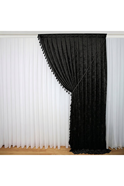 MebelPort Curtain Κουρτίνα σενίλ Φόντο ΔΙΠΛΟ ΦΟΥΝΤΟ με φούντες στην άκρη (δεξ...