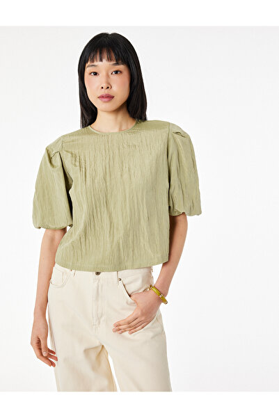 Koton Σατέν μπλούζα με κοντό μανίκι μπαλόνι και λαιμόκοψη ποδηλάτου