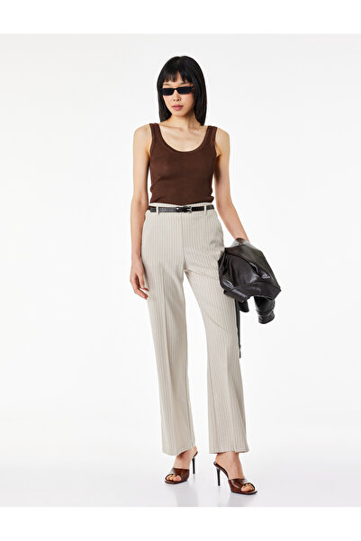 Koton Striped Wide-Leg Fabric Trousers with Pockets and Belt