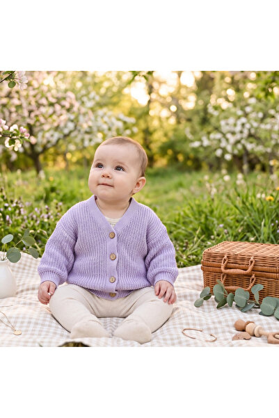 Nimini Kids Ahşap Düğme Detaylı Unisex Triko Oversize Çocuk Hırkası