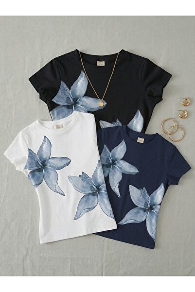 NİCE Γυναικείο κοντομάνικο μπλουζάκι με φλοράλ στάμπα 3 τεμαχίων - Lycra