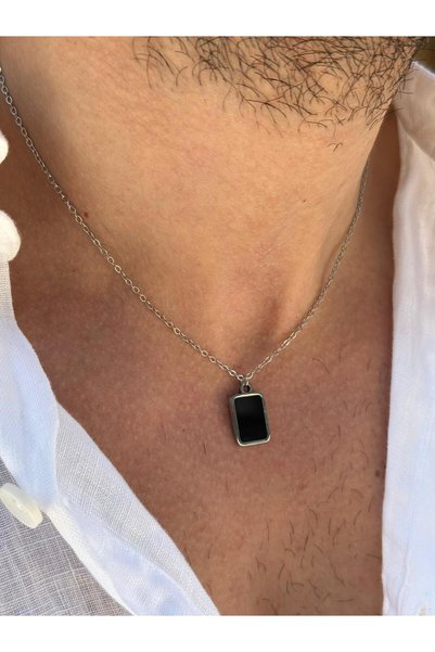 Fjellor Arnoediad Men's Minimal Rectangular Black Onyx Natural Stone Tipped Steel Necklace