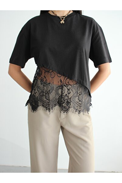 manana fashion Δαντέλα Λεπτομερές T-Shirt με ασύμμετρη κοπή