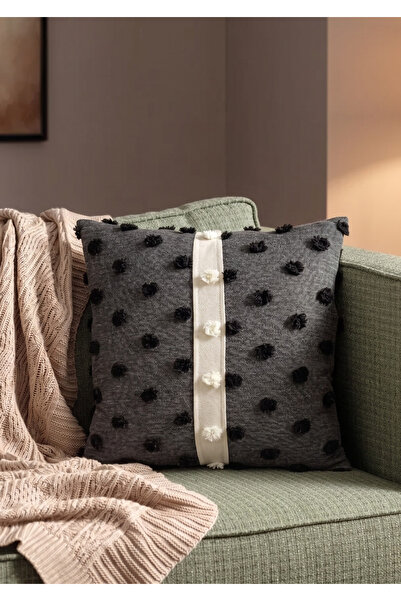 Goshıkı Gray and White Colored Luxury Tufting Fabric Throw Pillow Cover 42X42 cm