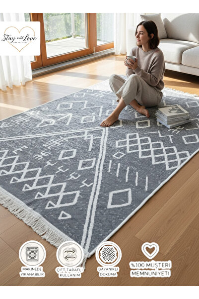 stay with love Kilim Çift Taraflı Pamuklu Dokuma Makinede Yıkanabilir 1.kalit...
