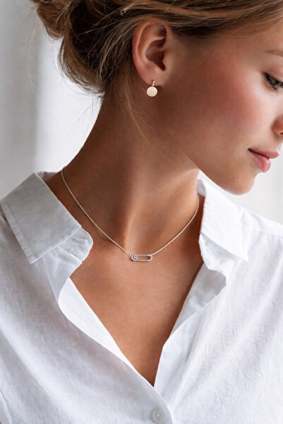 OJ Own Jewelry Çengel İğne Kolye 925 Ayar Gümüş Zirkon Taşlı Minimal Kadın Ko...