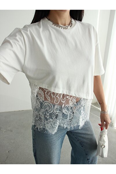 manana fashion Δαντέλα Λεπτομερές T-Shirt με ασύμμετρη κοπή