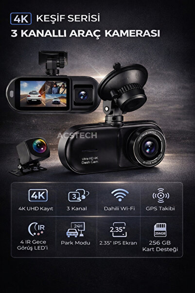 ACSTECH 4K Araç İçi Kamera 3 Kameralı WiFi GPS IPS Ekran Gece Görüşlü Park Mo...