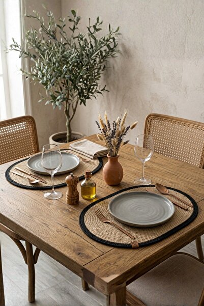 Homever 2 τεμάχια 30x40cm Οβάλ Μαύρη Ρίγα Αμερικάνικης Σέρβις Ψάθινη Πλεκτή Σ...