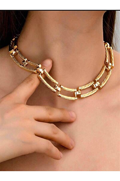 NISHPOINT Altın Rengi Köşeli Iri Zincir Tasarım Chocker Marka Kolye