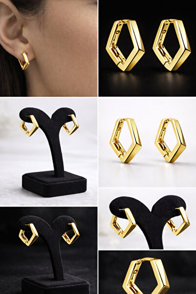TAKII TURKA Gold 316L Çelik Geometrik Prizma Küpe-14K Kaplama Antialerjik Kar...
