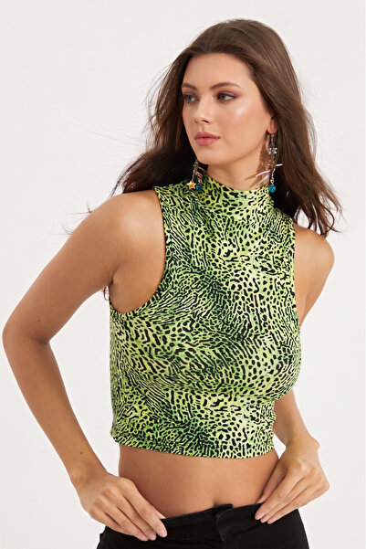 NEW JOURNAL Γυναικεία κοντή αμάνικη μπλούζα με πράσινο νέον μοτίβο λεοπάρδαλη...