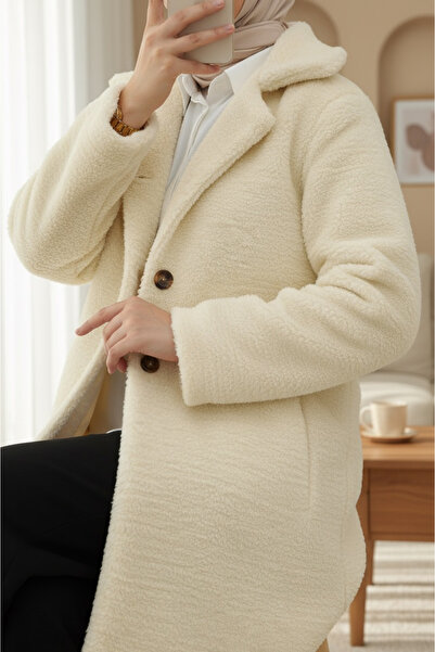 Modamorfo Παλτό από βελούδο με κουμπιά, επένδυση και μπροστινές τσέπες - μπεζ