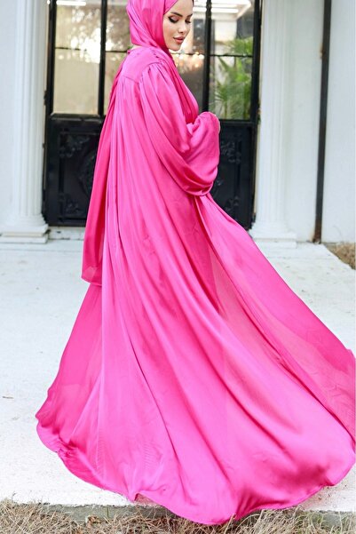 Modamorfo Σετ 3 τεμαχίων Crinkle Silk Satin Abaya - φούξια