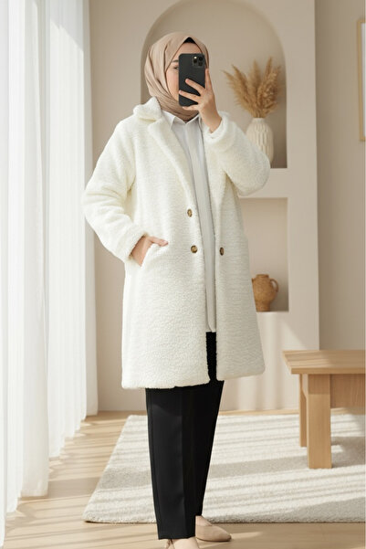 Modamorfo Παλτό βελούδινο με κουμπιά, επένδυση και μπροστινές τσέπες - εκρού