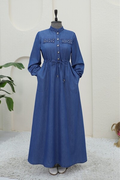 Modamorfo Φόρεμα τζιν με λεπτομέρεια τσέπης και κορδόνια - ινδιγκό