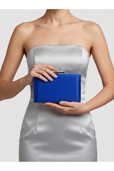 Biçanta Saks Blue Color Satin Stone Case Γυναικεία βραδινή τσάντα Τσάντα βραδ...
