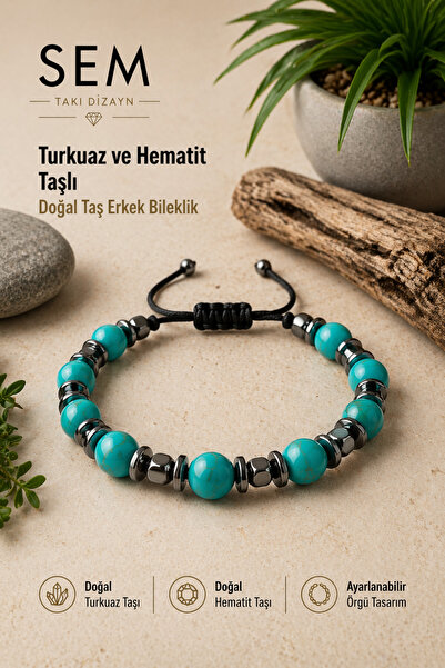 Sem Takı Dizayn Turkuaz ve Hematit Doğal Taşlı , Ayarlanabilir Ölçüde Erkek B...