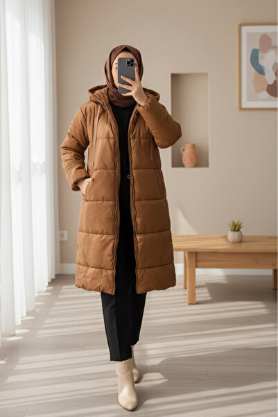 Modamorfo Kapşonlu Bağcık Detaylı Fermuarlı şişme Mont -taba