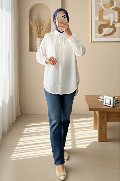 Modamorfo Λινό πουκάμισο με ένα τσεπάκι και κουμπιά - λευκό